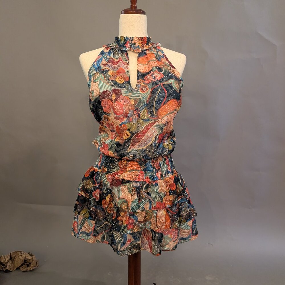 Amanda Uprichard Floral Halter Dress – Ruffle Neck, Boho Summer Party Size M